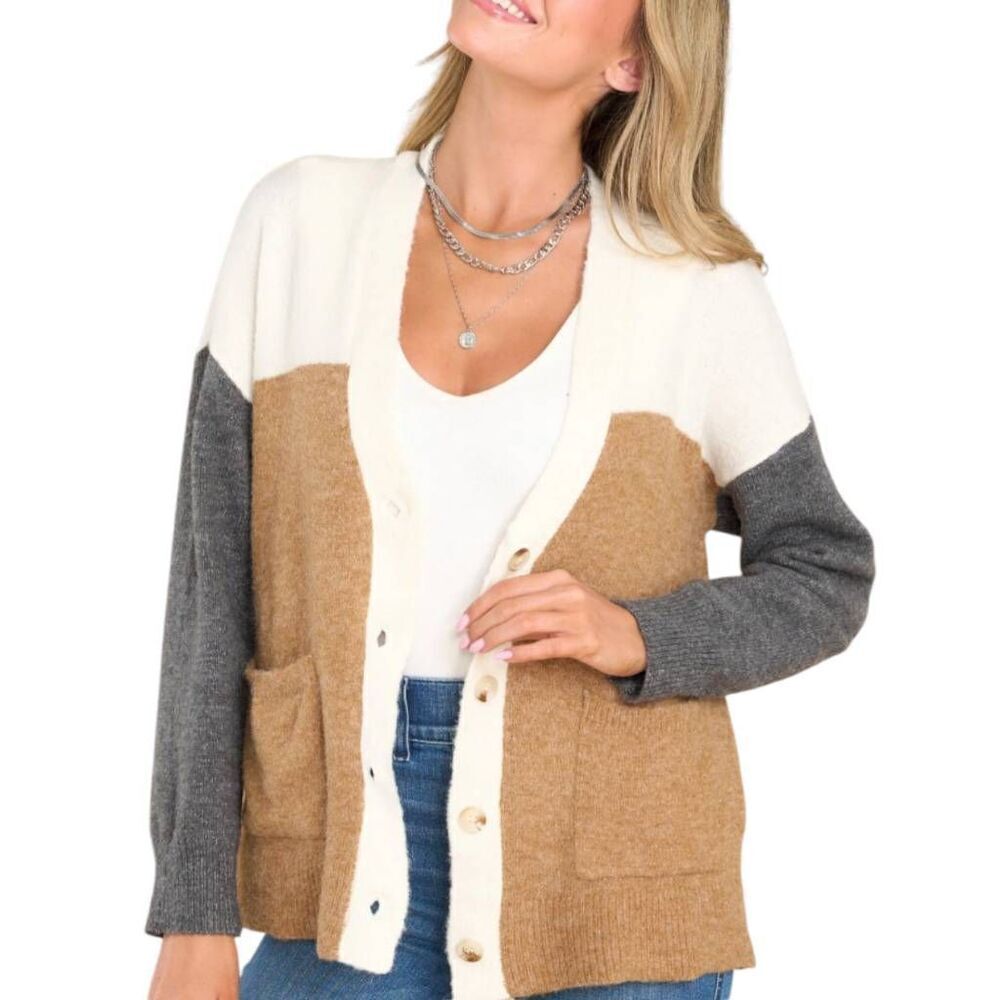 Red Dress Boutique Colorblock Button-Up Cardigan in Cream, Tan & Gray